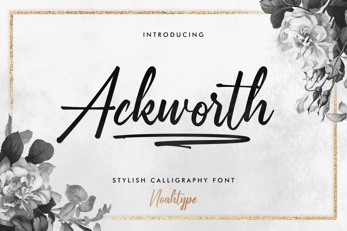 Ackworth Font in a slanted calligraphic script with high stroke contrast, partially connected letters, and a hand-drawn underline flourish.