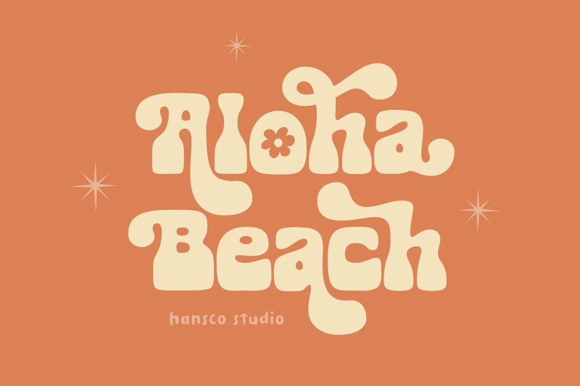 Aloha Beach Font preview in chunky rounded retro slab lettering with a flower detail
