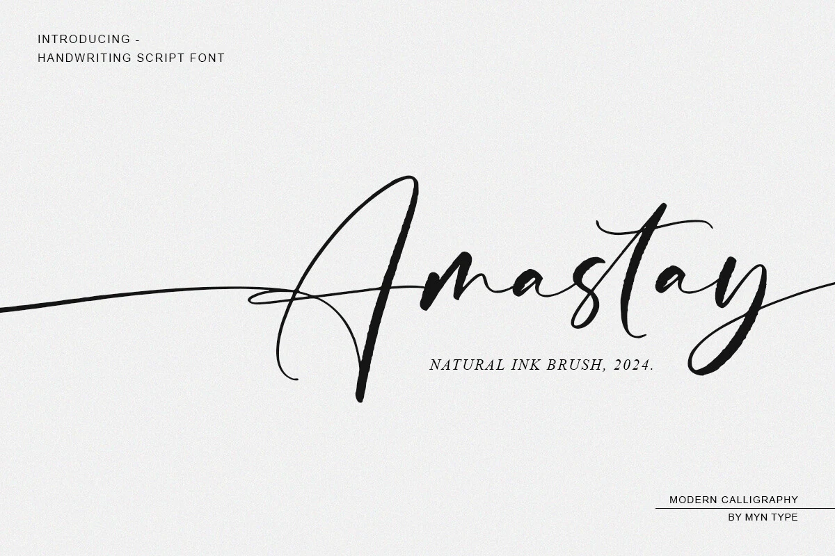 Amastay Font preview with black ink brush script, a tall looping capital, and a long sweeping swash