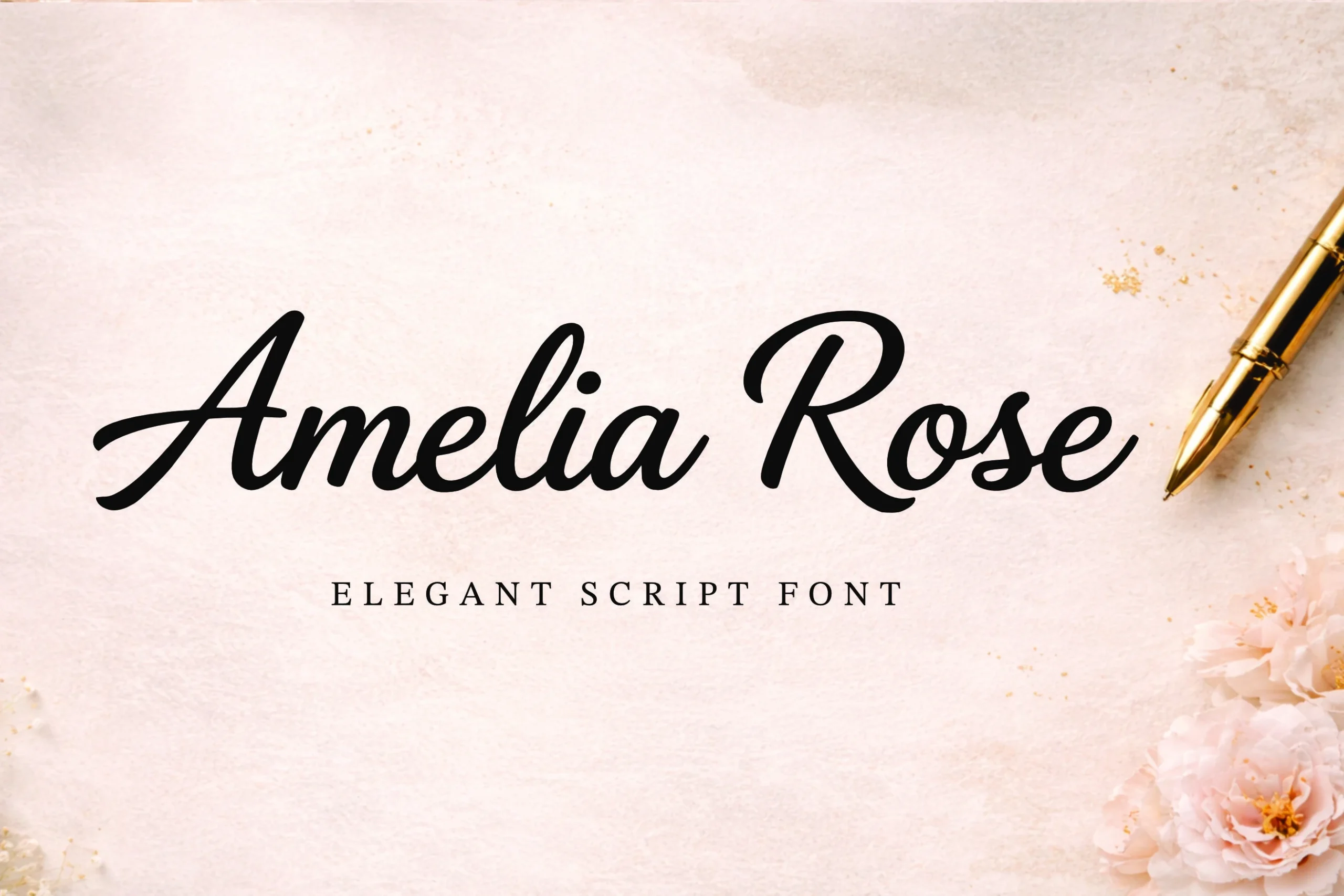 Amelia Rose Font preview with black elegant script lettering and smooth calligraphic curves