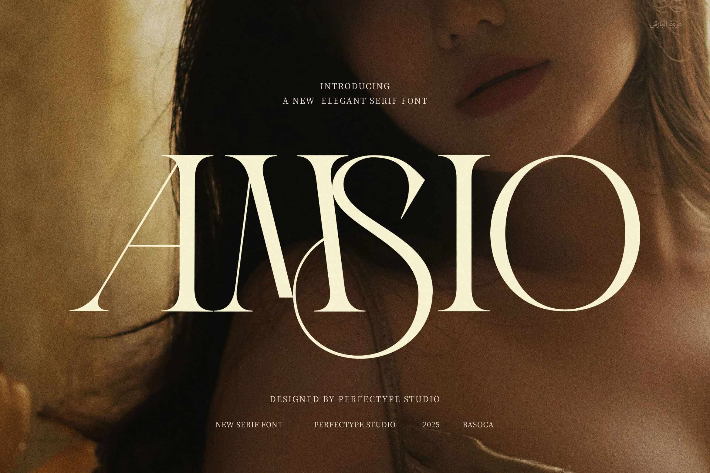 Amsio Elegant Serif Font preview with tall cream high-contrast serif letters