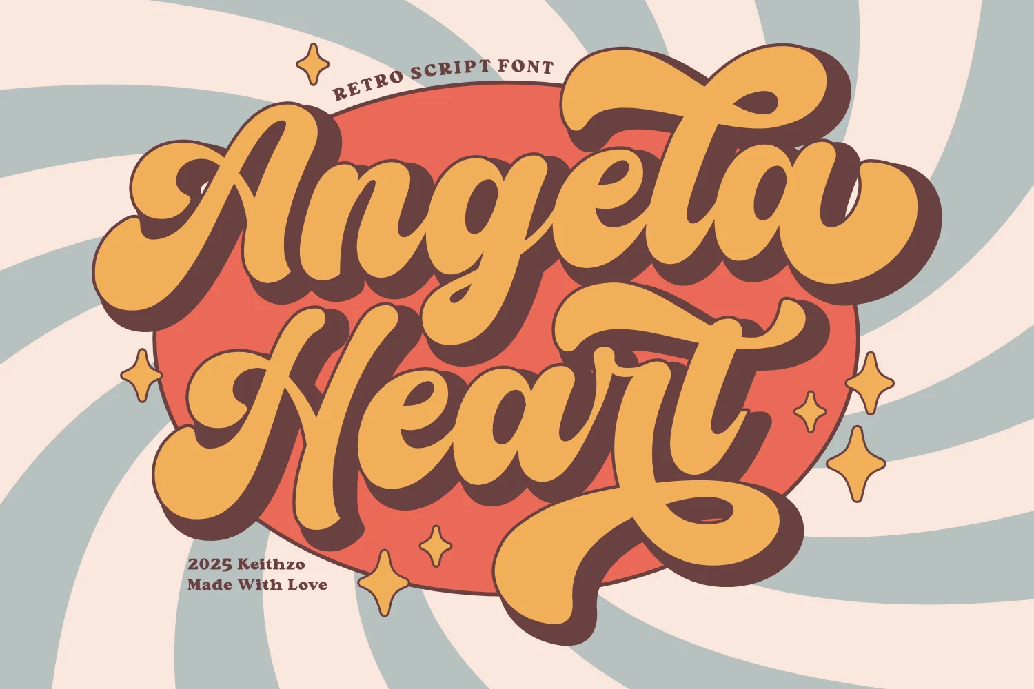 Angela Heart Font preview with chunky orange retro script lettering, rounded curves, and dark shadow