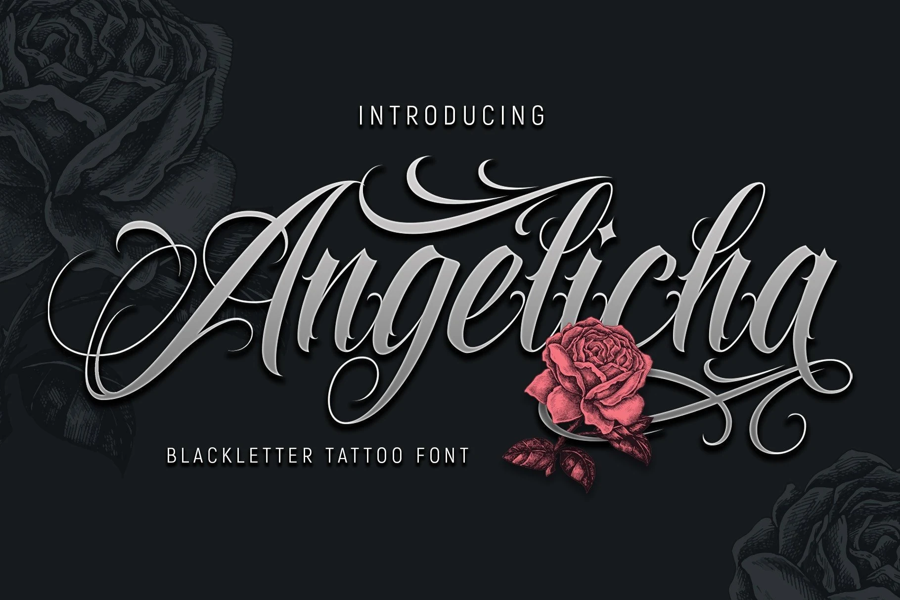 Angelicha Font features high-contrast angular strokes, ornate swashes, and connected calligraphic flourishes.