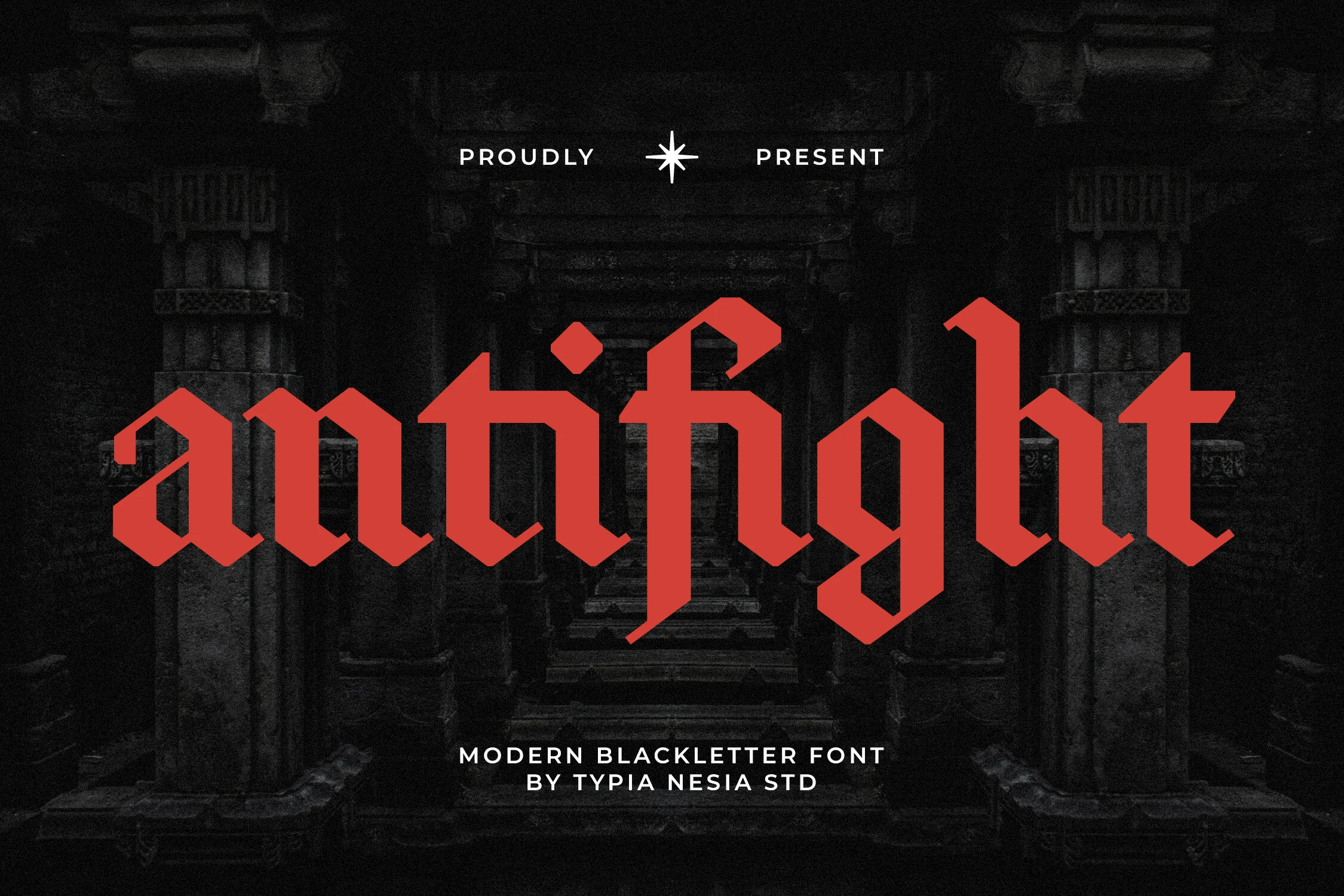 Antifight Font showing heavy modern blackletter lettering with sharp angular strokes and pointed terminals.