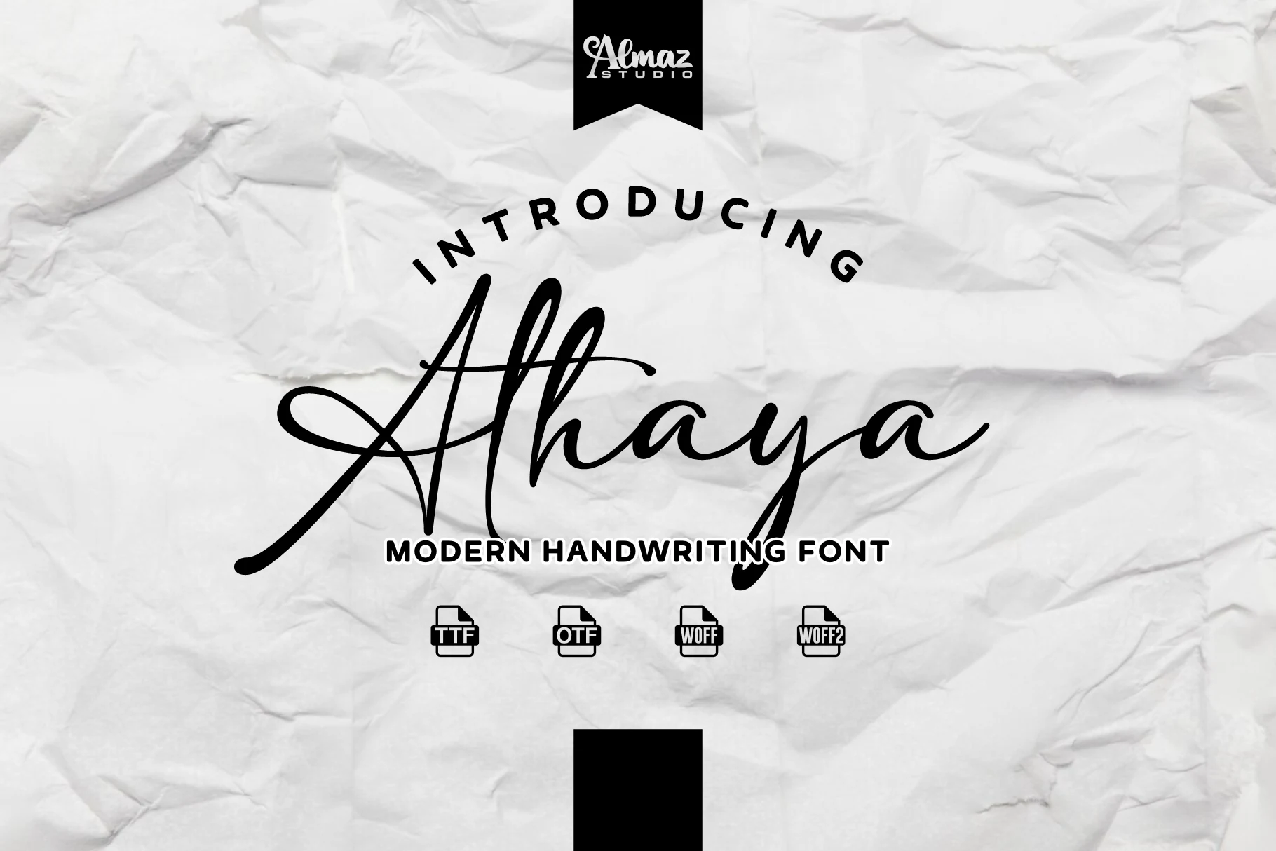 Athaya Font preview with black modern handwritten script and sweeping signature-style strokes