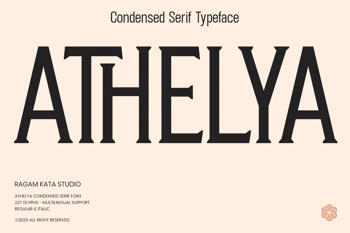 Athelya Font preview with bold black condensed serif capitals and sharp wedge serifs