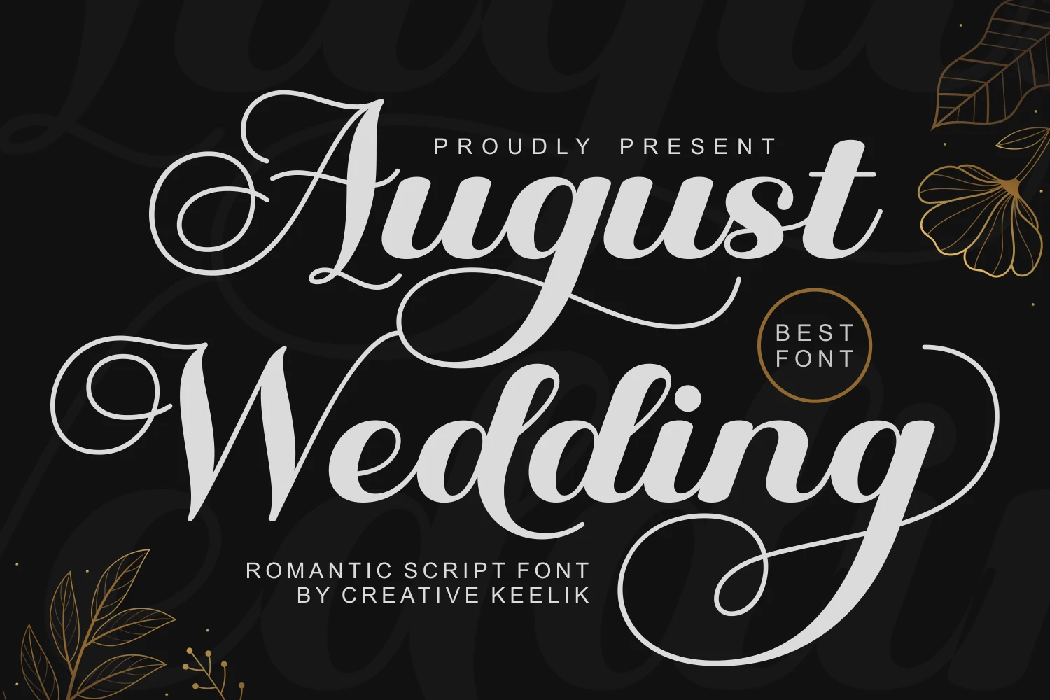 August Wedding Font preview with elegant calligraphy script, high contrast strokes, and long swashes