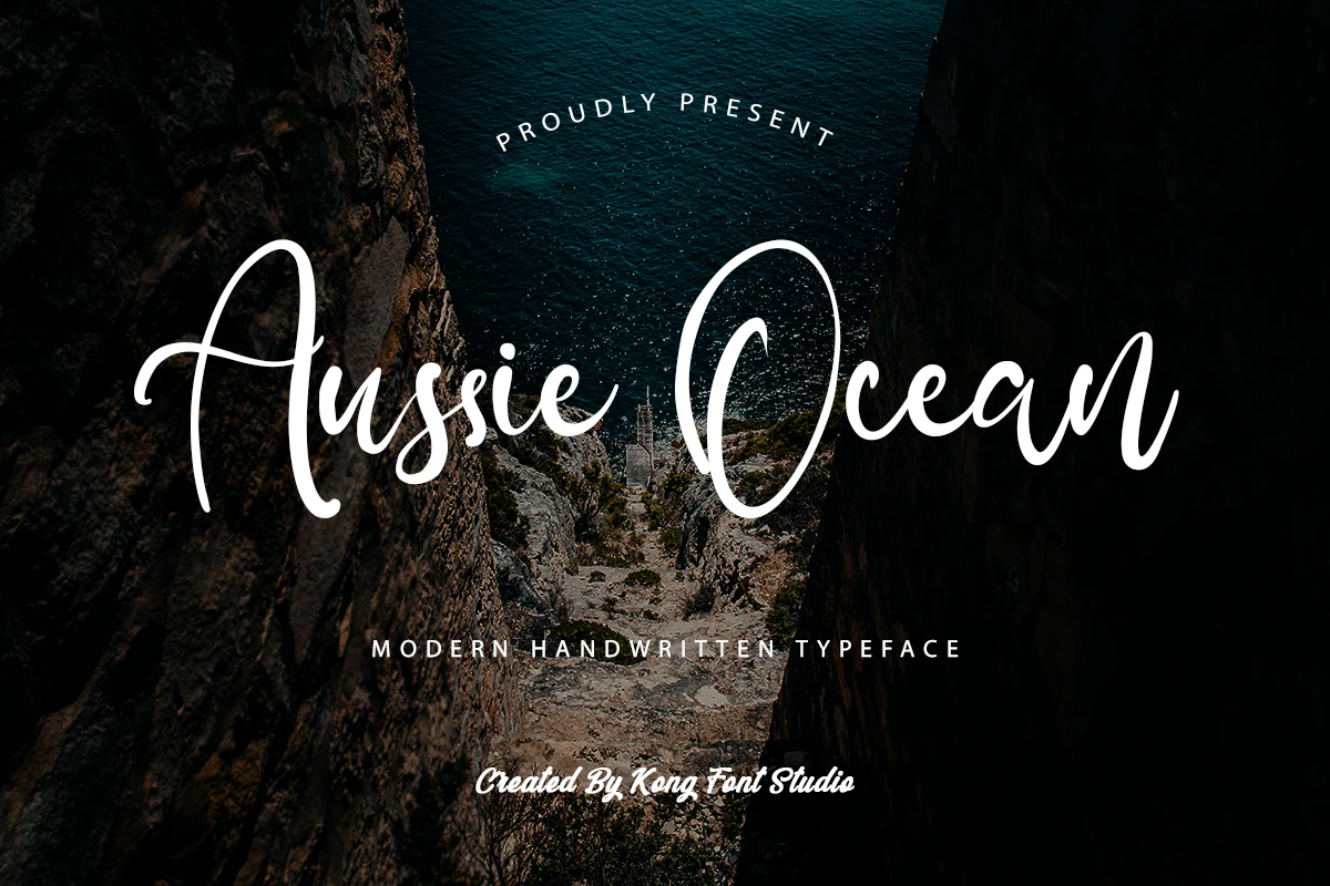 Aussie Ocean Font preview with white handwritten script and tall looping letters