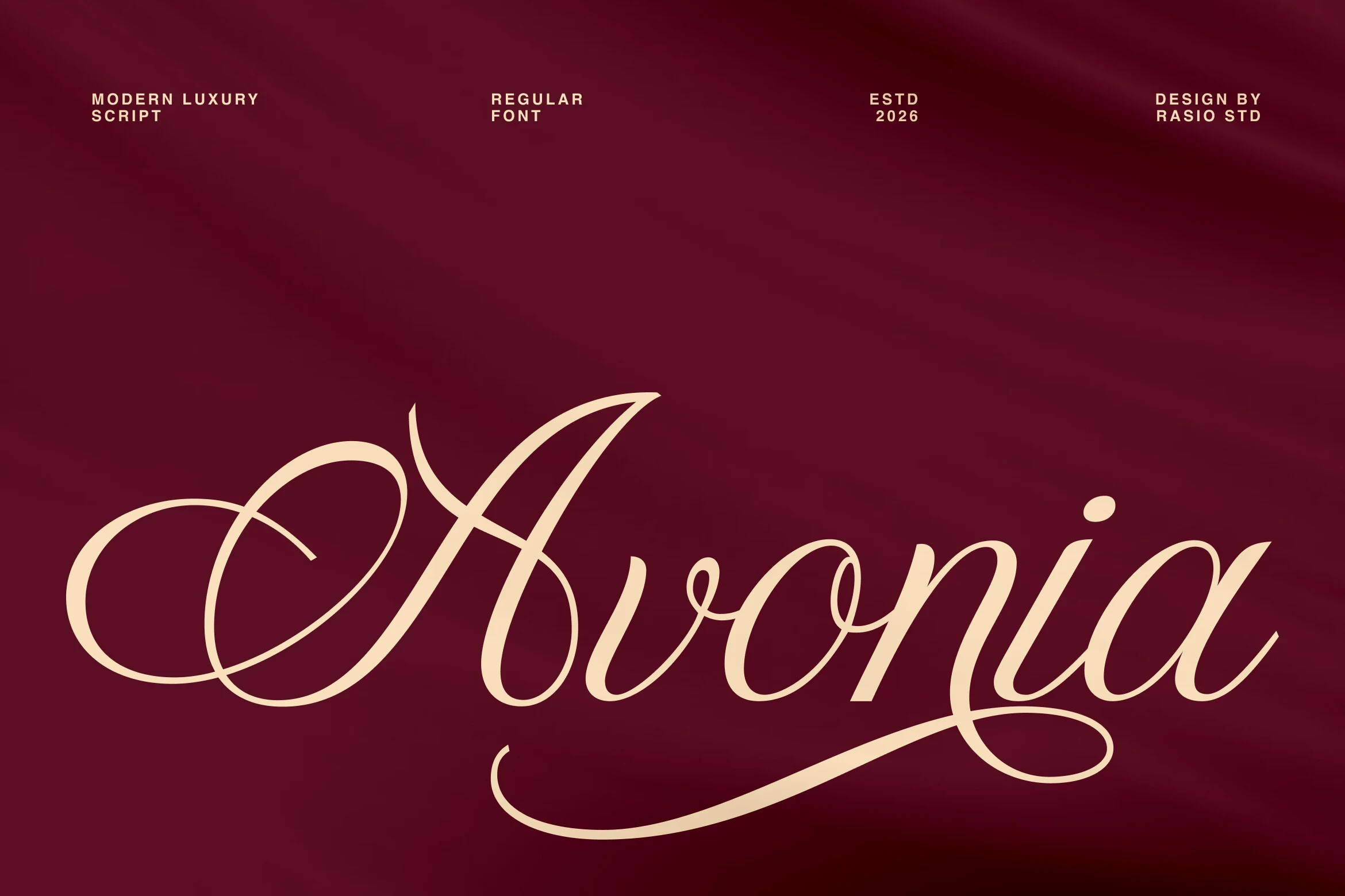 Avonia Font preview in cream high-contrast script with sweeping swashes on a deep red background