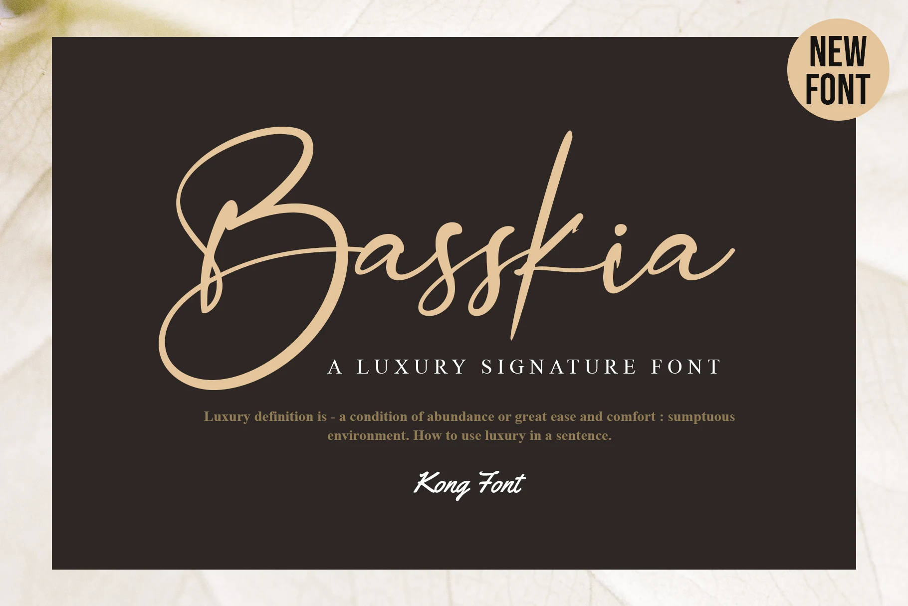 Basskia Font preview in thin beige signature script with a large looping capital B
