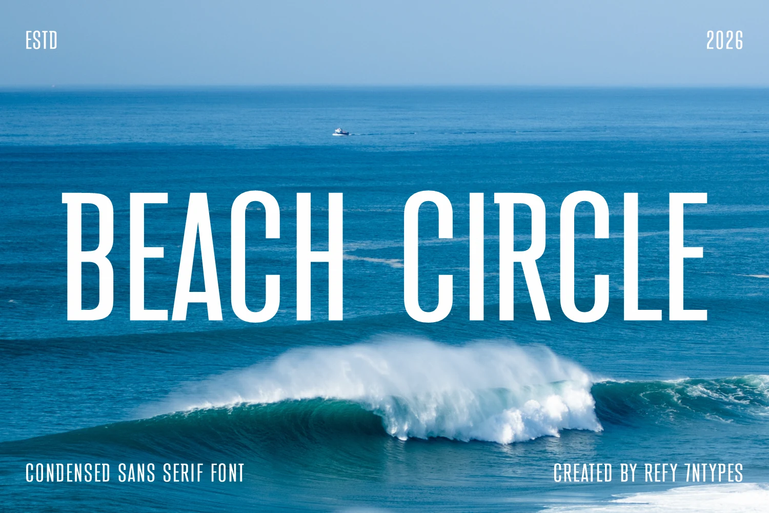 Beach Circle Font preview with tall white condensed sans serif letters over an ocean scene