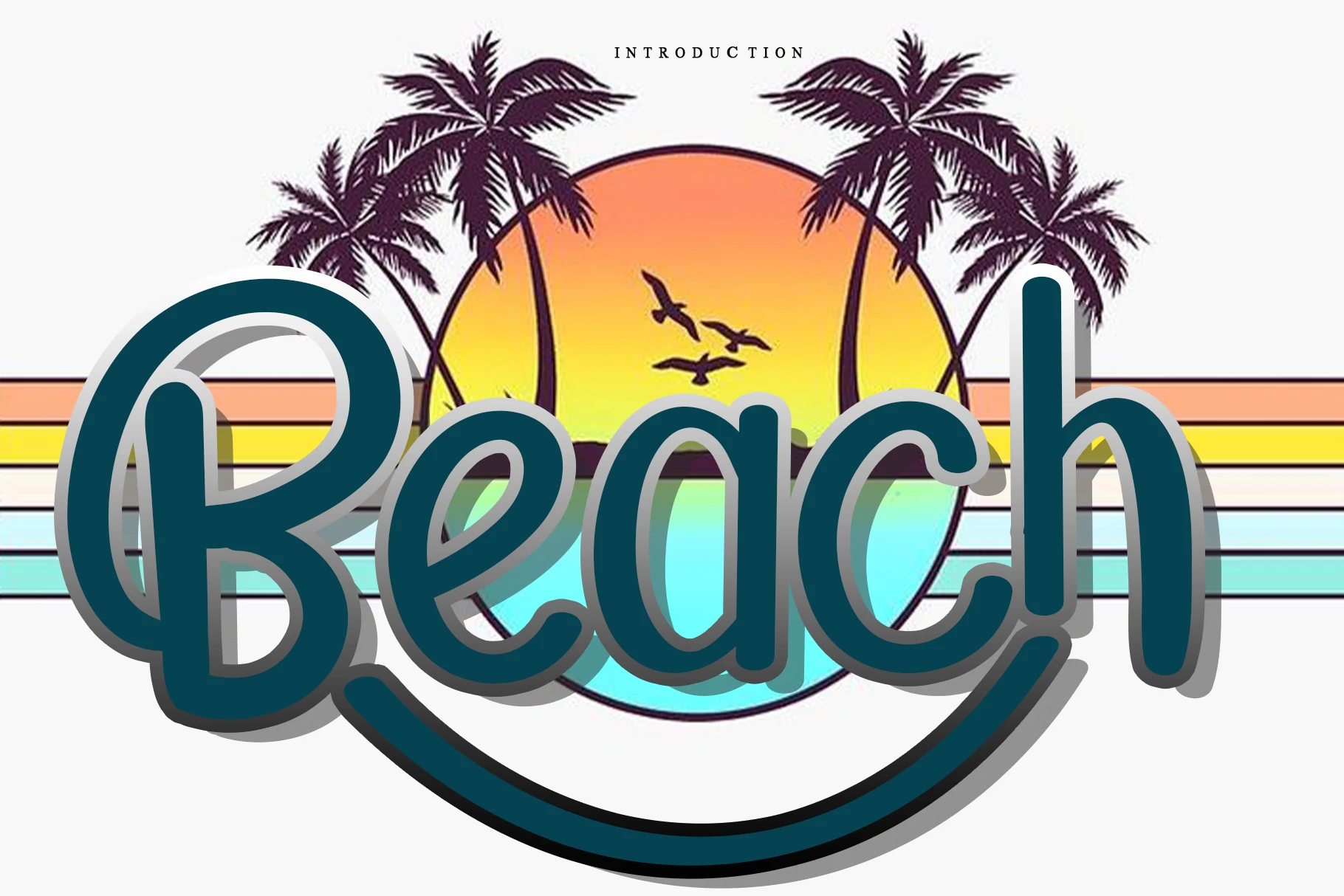 Beach Font preview with dark teal rounded handwritten lettering, looped capital B, and sweeping underline