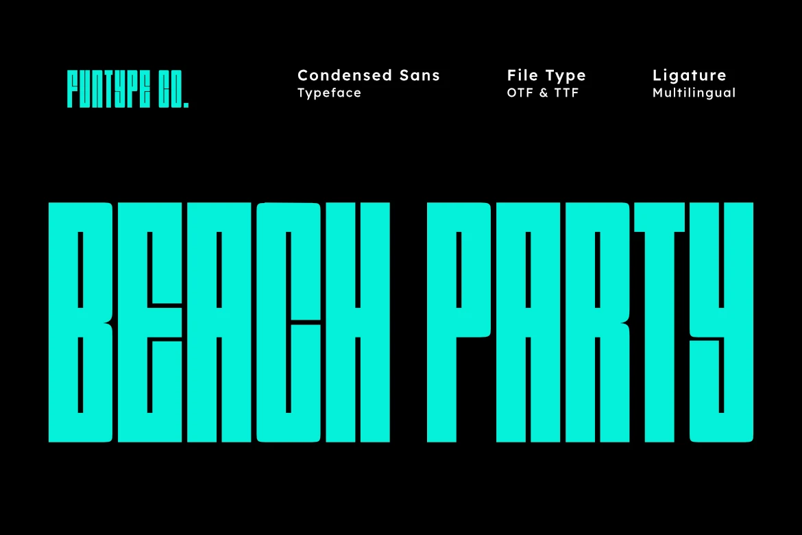 Beach Party Font preview with tall turquoise condensed sans lettering and bold geometric shapes