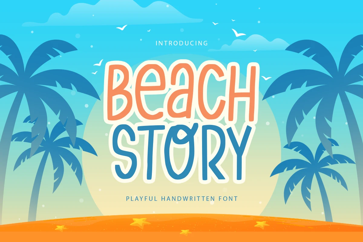 Beach Story Font preview with tall rounded handwritten letters in orange and blue, playful beach-style display text