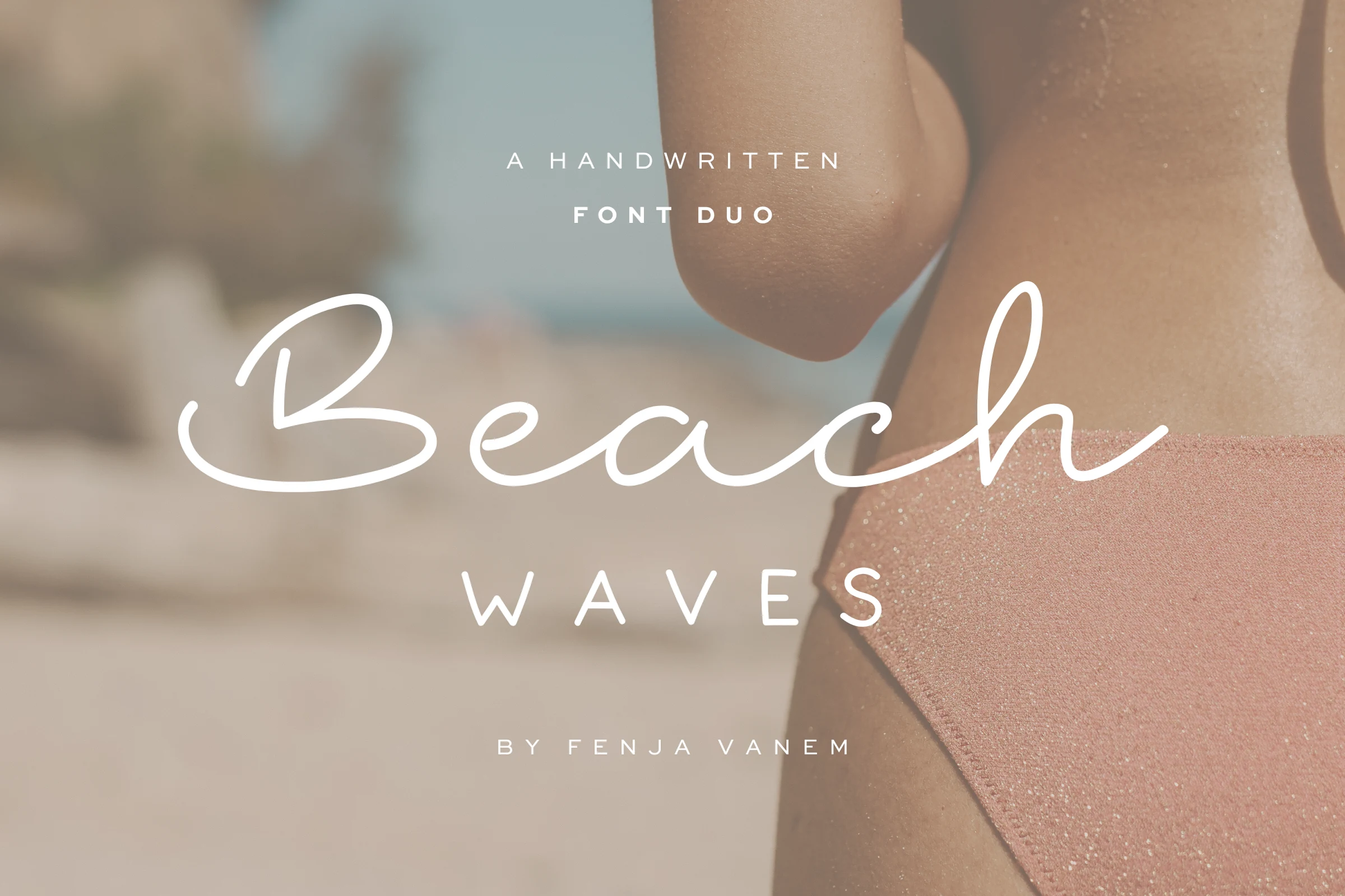 Beach Waves Duo Font preview with thin white handwritten script and spaced uppercase sans lettering
