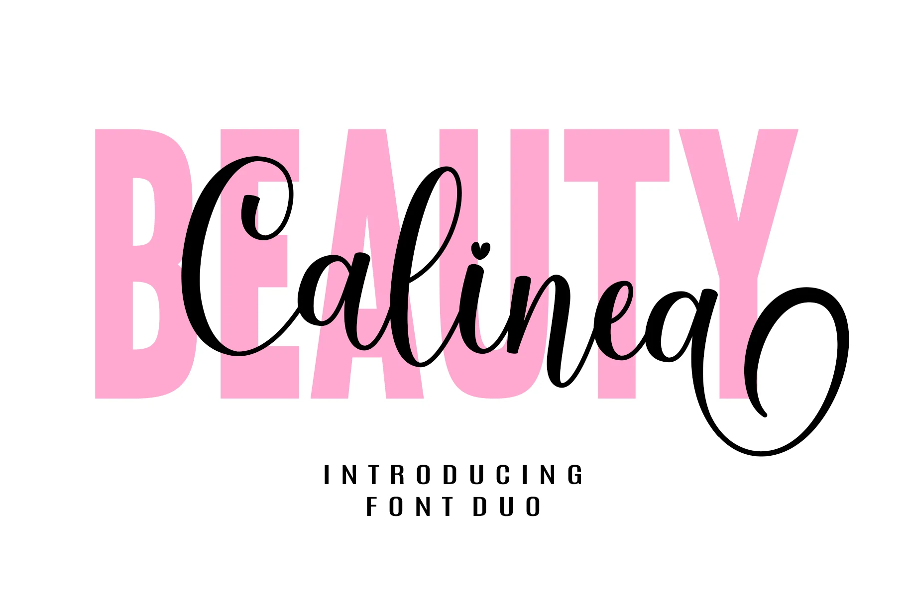 Beauty Calinea Font preview with pink bold sans letters behind black flowing script lettering