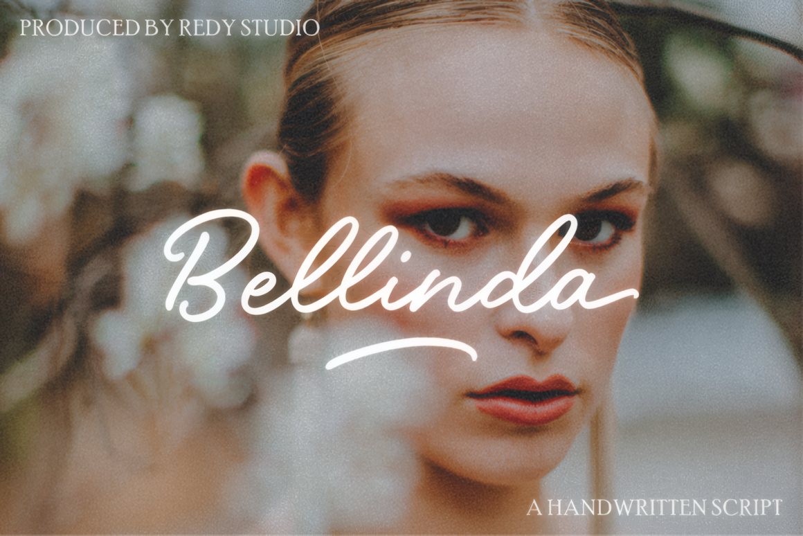 Bellinda vintage script font displayed in white handwritten lettering over a portrait photo background.
