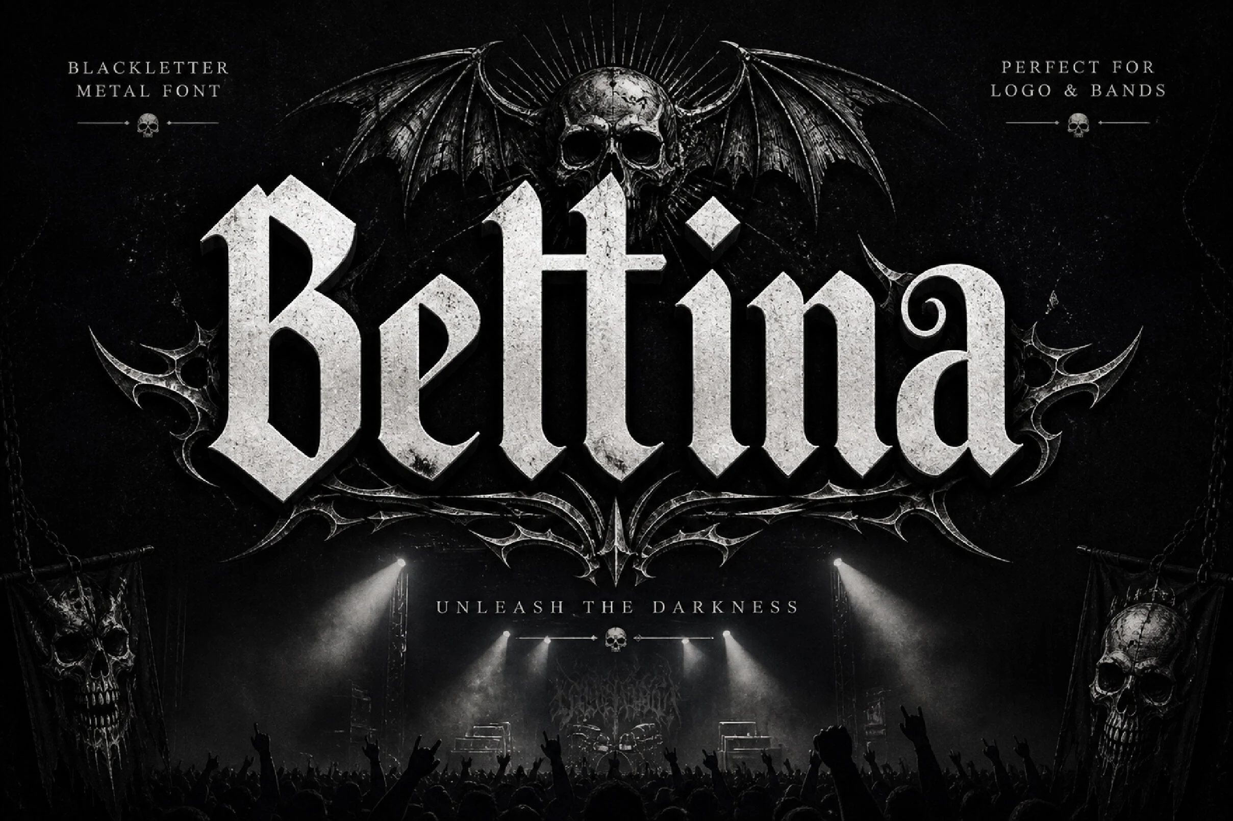 Beltina Font shown with heavy blackletter forms, angular pointed serifs, and distressed stone-like texture.