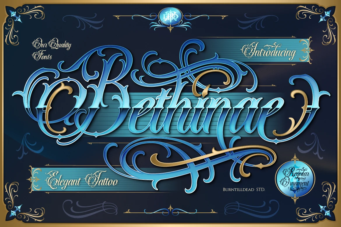 Bethinae Font in an ornate connected script with high stroke contrast, sweeping flourishes, and pointed terminals.