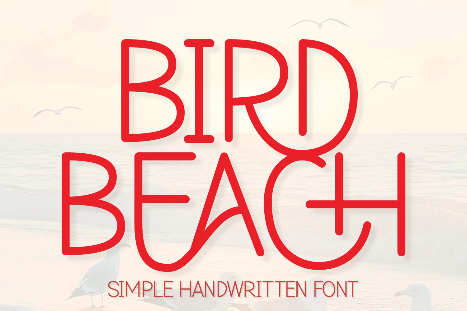 Bird Beach Font preview with red monoline handwritten letters and rounded playful shapes