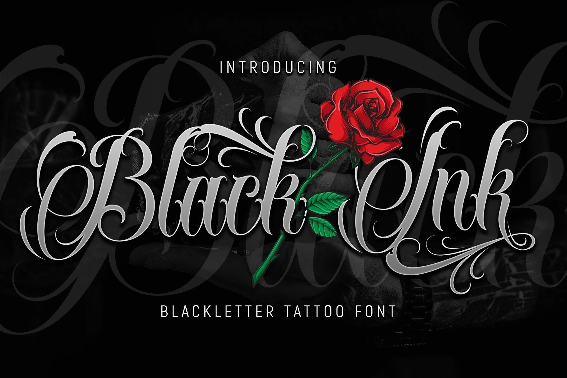Black Ink Font is a highly ornamental calligraphic script with elaborate swashes, sharp terminals, and connected cursive letterforms.