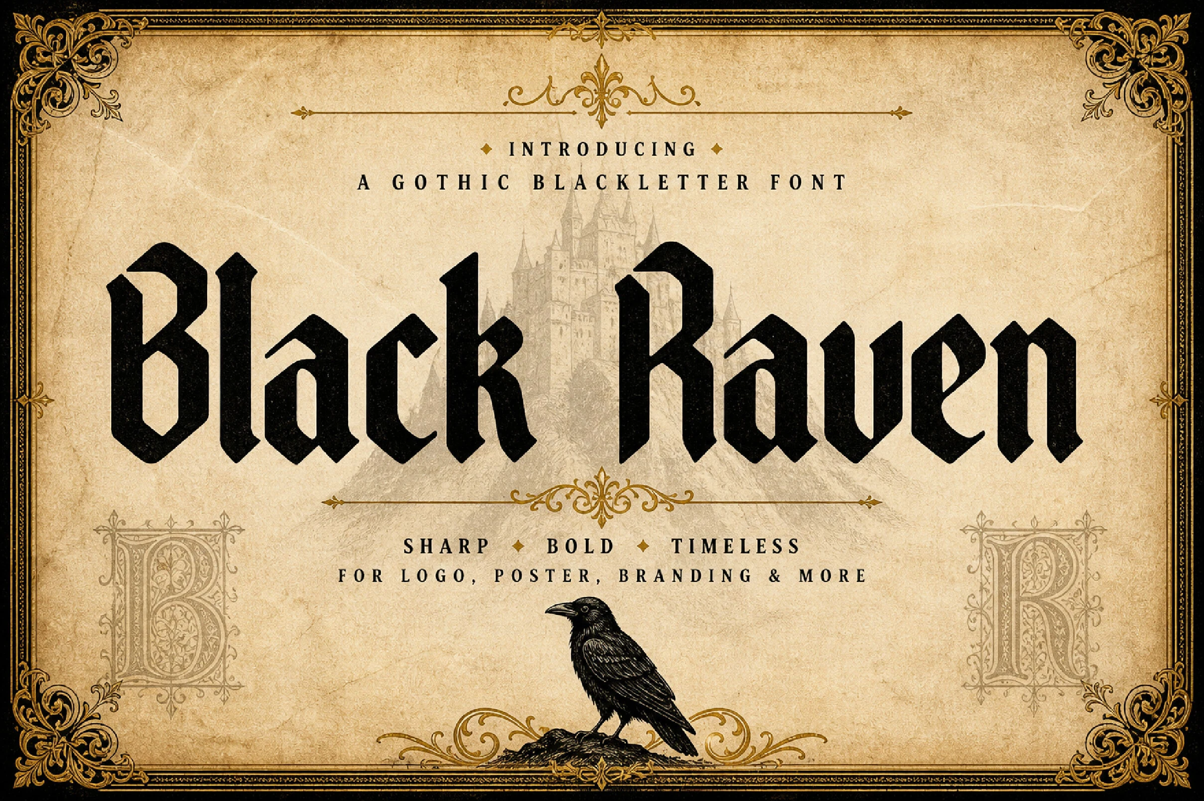 Black Raven Font features sharp angular terminals, heavy vertical strokes, and narrow upright blackletter forms.