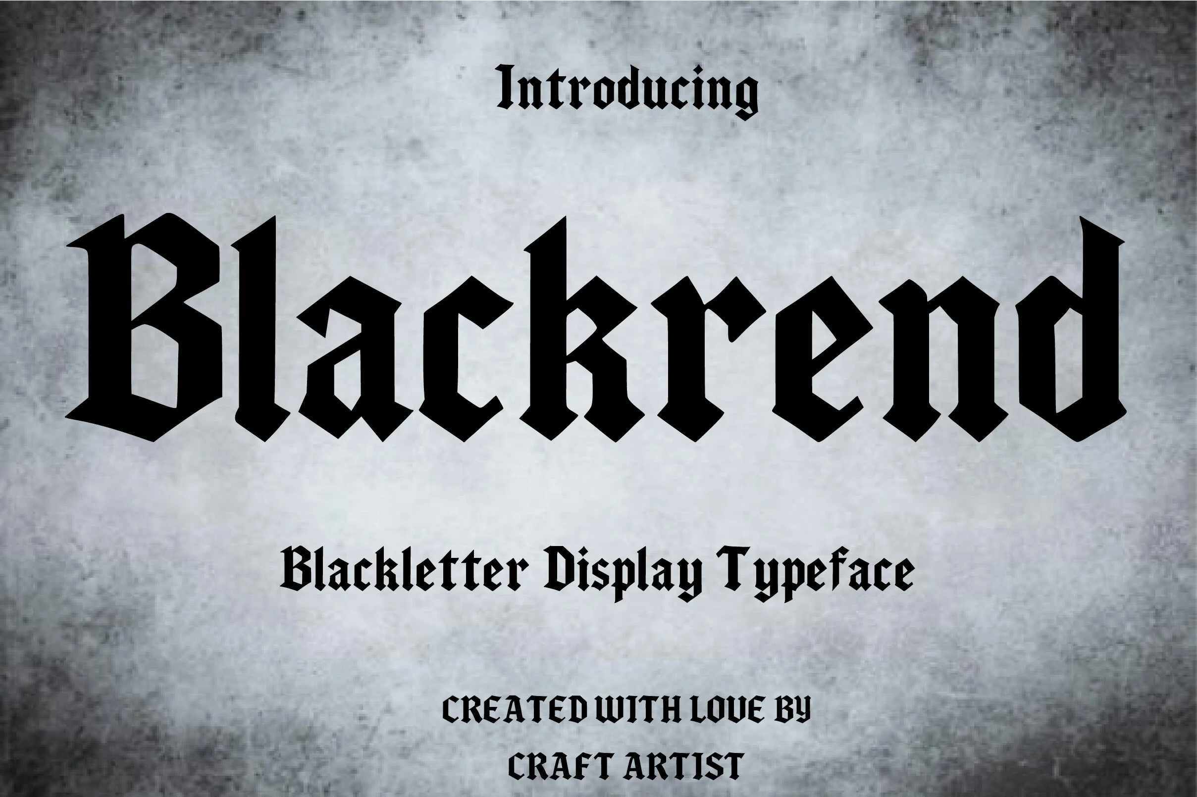 Blackrend Font preview showing bold, angular blackletter letters with sharp terminals and narrow upright proportions.