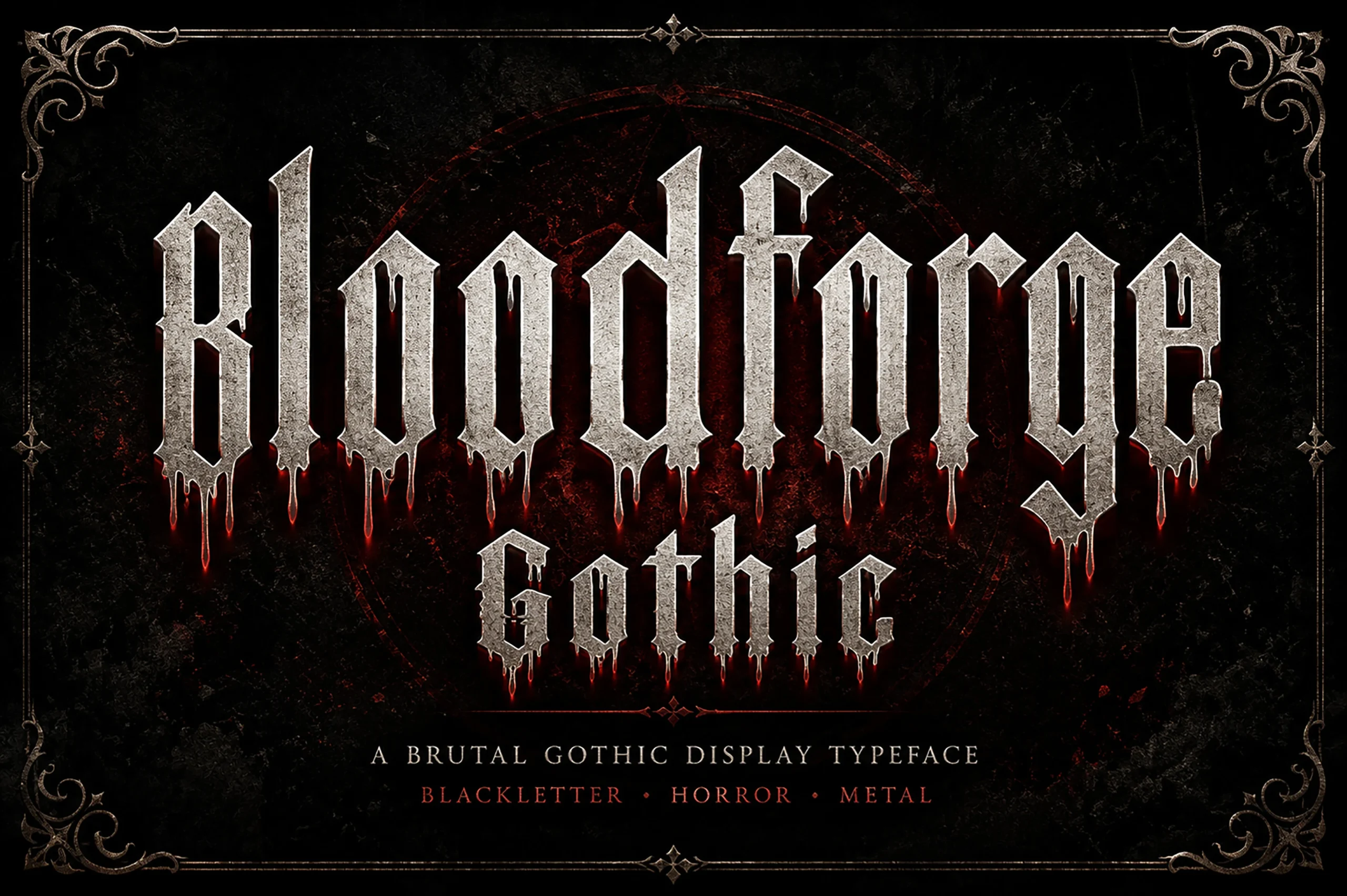 Bloodforge Gothic Font featuring Jagged, angular blackletter construction and High stroke contrast