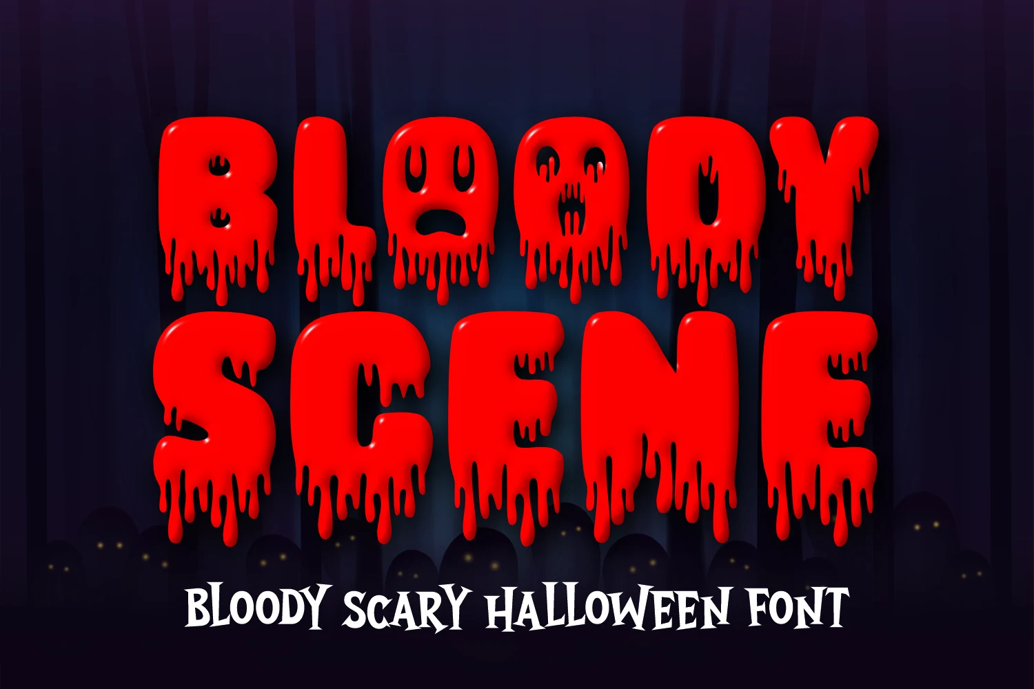 Bloody Scene Font features thick, rounded letterforms with dripping lower terminals and stylized emotive faces.