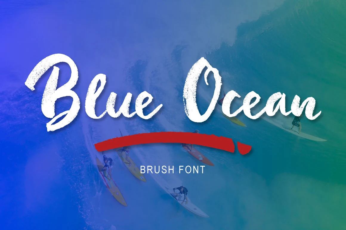 Blue Ocean Font preview with white cursive brush lettering, rough texture, and sweeping strokes
