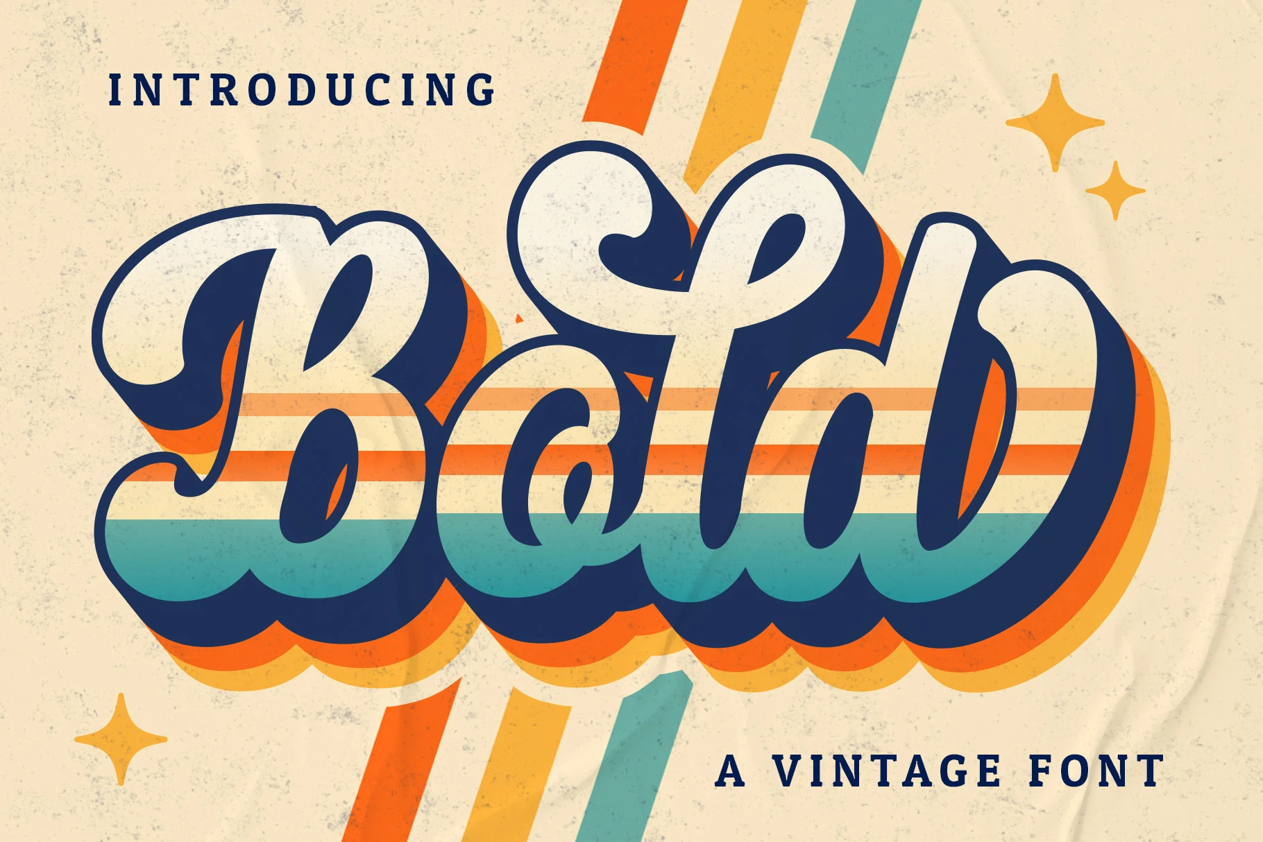 Bold Script Font preview with cream vintage script, dark blue shadow, and layered retro color