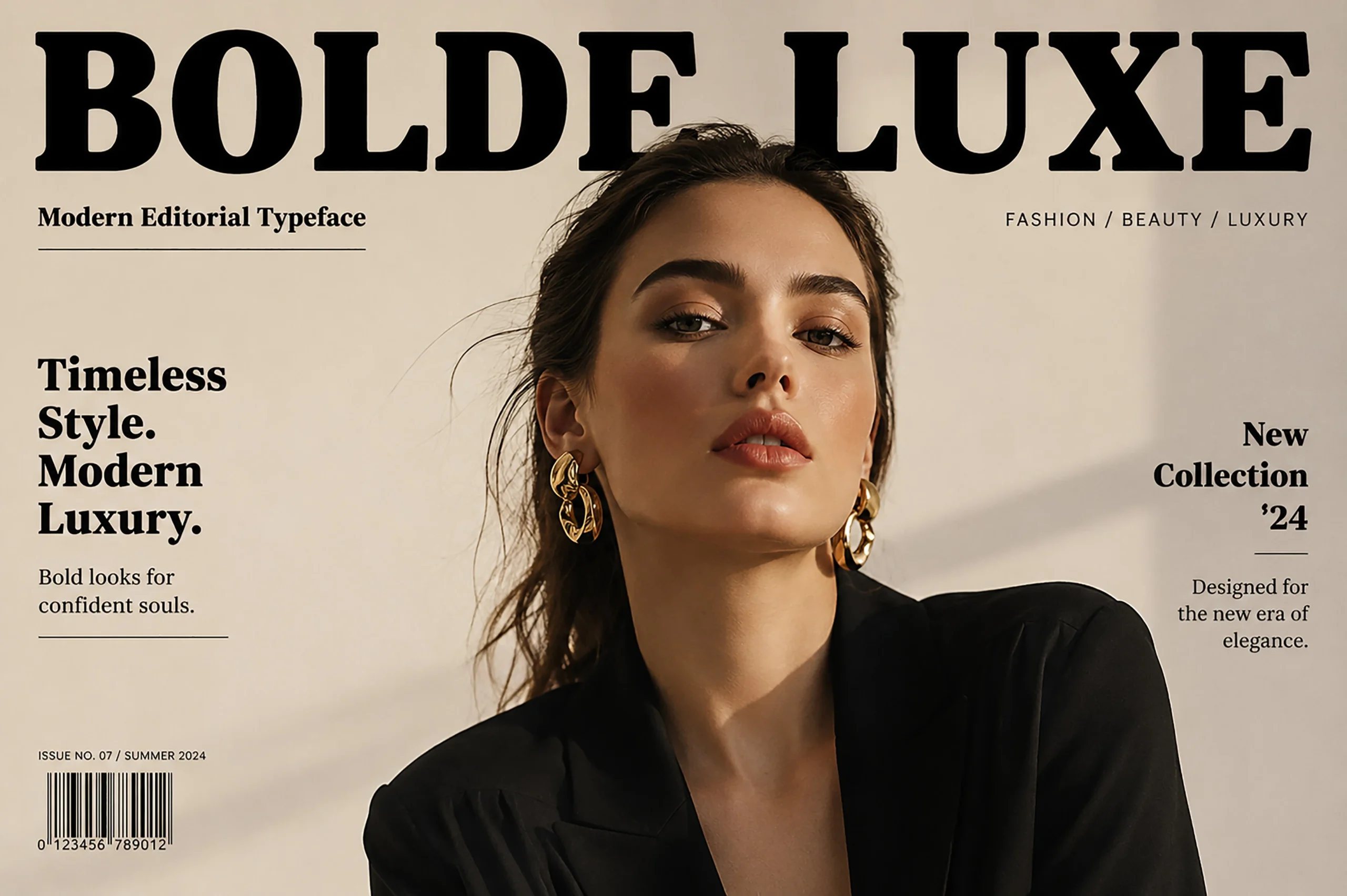 Bolde Luxe Font magazine-style preview with bold black serif lettering over a fashion portrait
