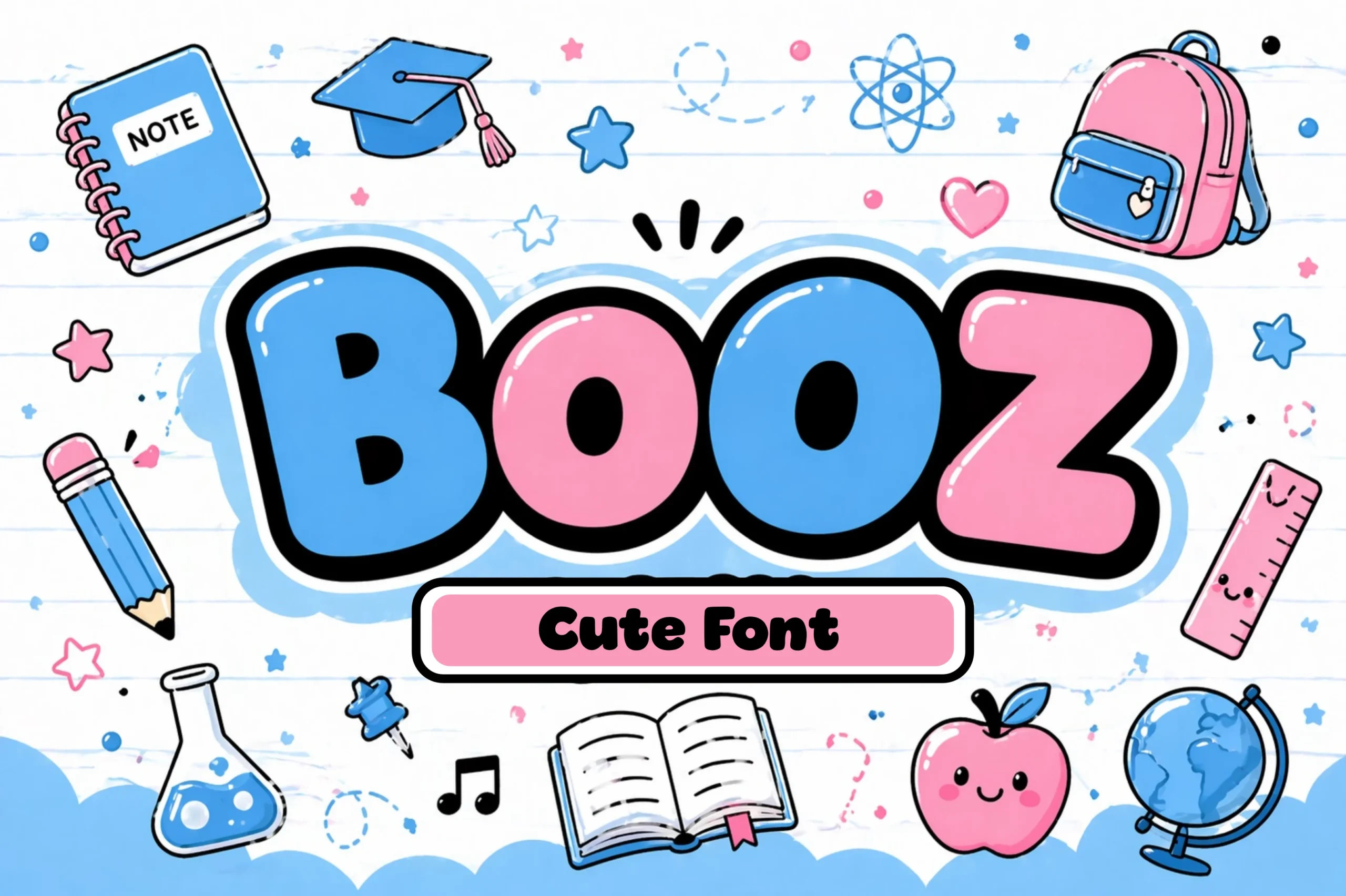 Booz Font shown in large, bold bubble lettering with rounded terminals and wide proportions.