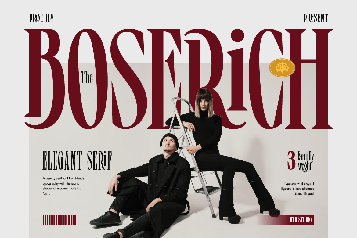 Boserich Font preview with tall burgundy serif capitals in an editorial fashion layout