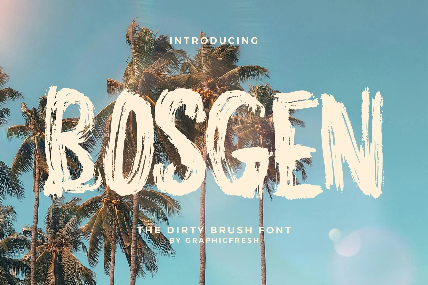 Bosgen Font preview with bold white uppercase dirty brush lettering over palm trees
