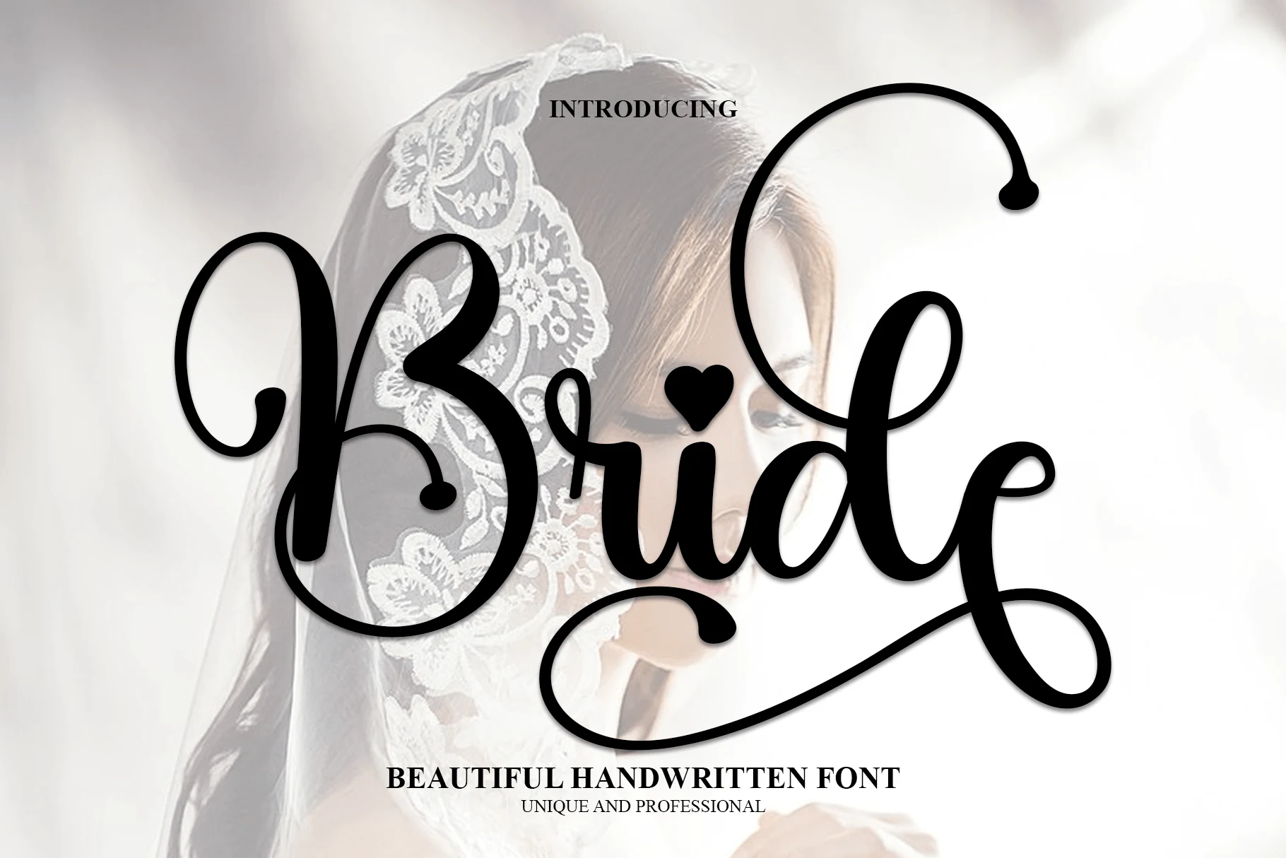 Bride Font preview with bold black handwritten lettering, rounded strokes, and a heart accent