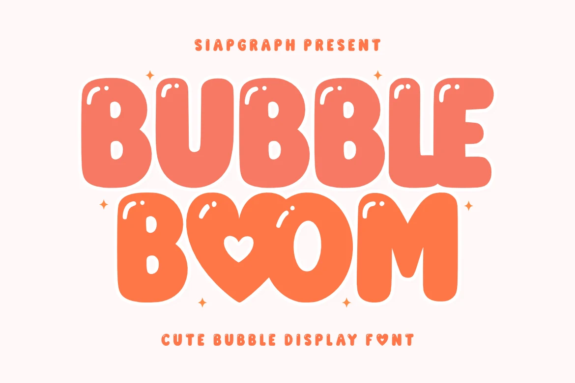 Bubble Boom Font in a thick rounded bubble style with glossy highlights and heart-shaped details