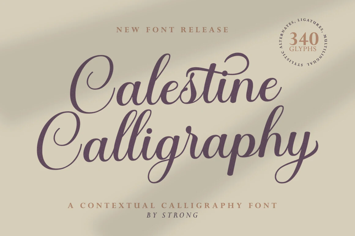 Calestine Calligraphy Font preview in elegant purple script with fine loops and flowing swashes