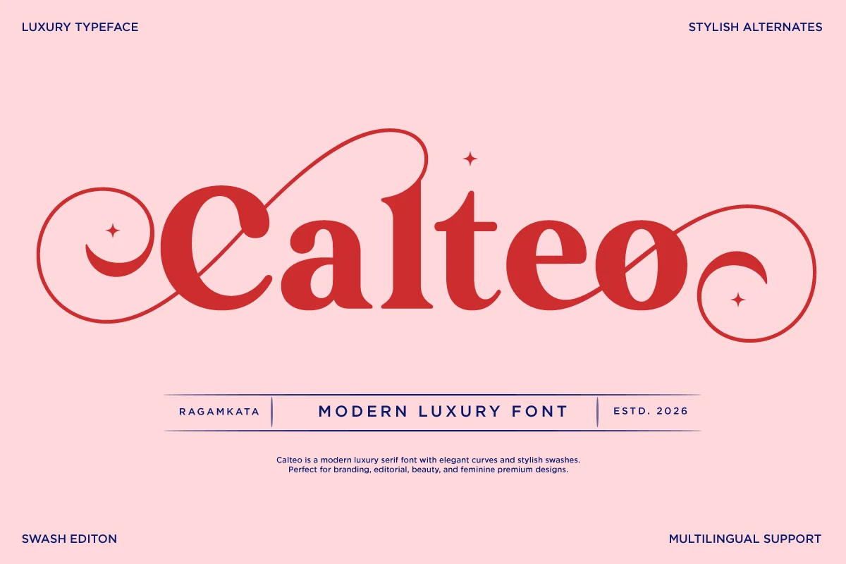 Calteo Font preview with red luxury serif lettering, thick curves, and long swashes