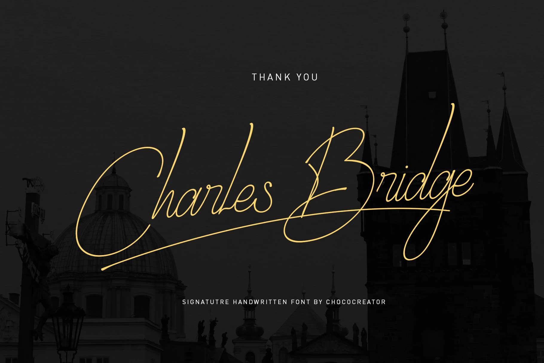 Charles Bridge Signature Handwritten Font features connected cursive letterforms, a pronounced rightward slant, and extended terminal swashes.