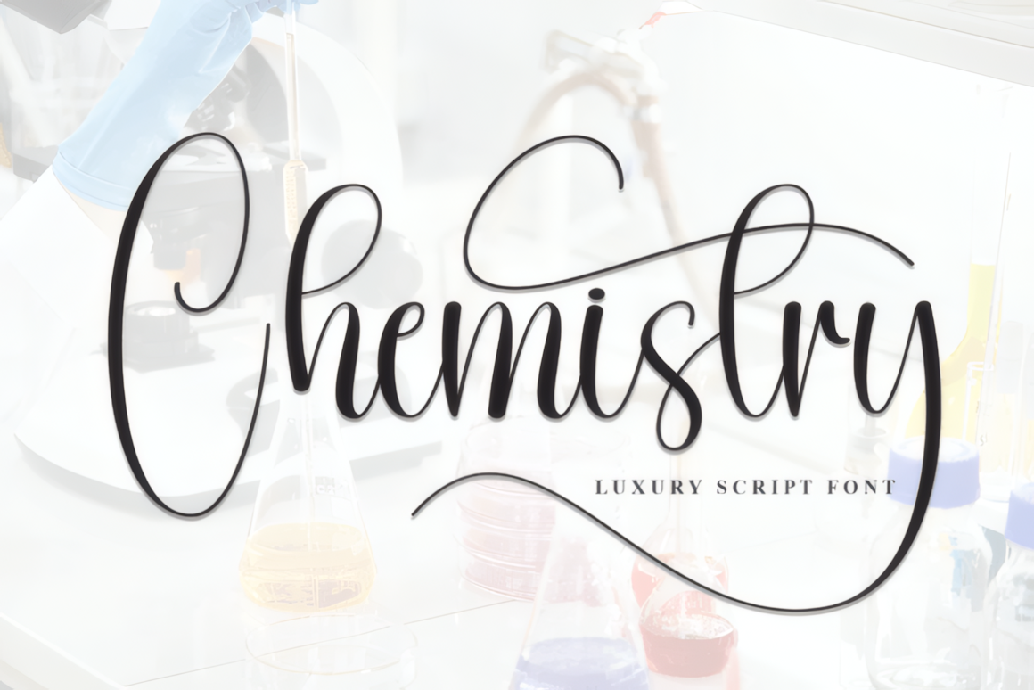 Chemistry luxury script font preview with elegant black calligraphy lettering over a light laboratory background.