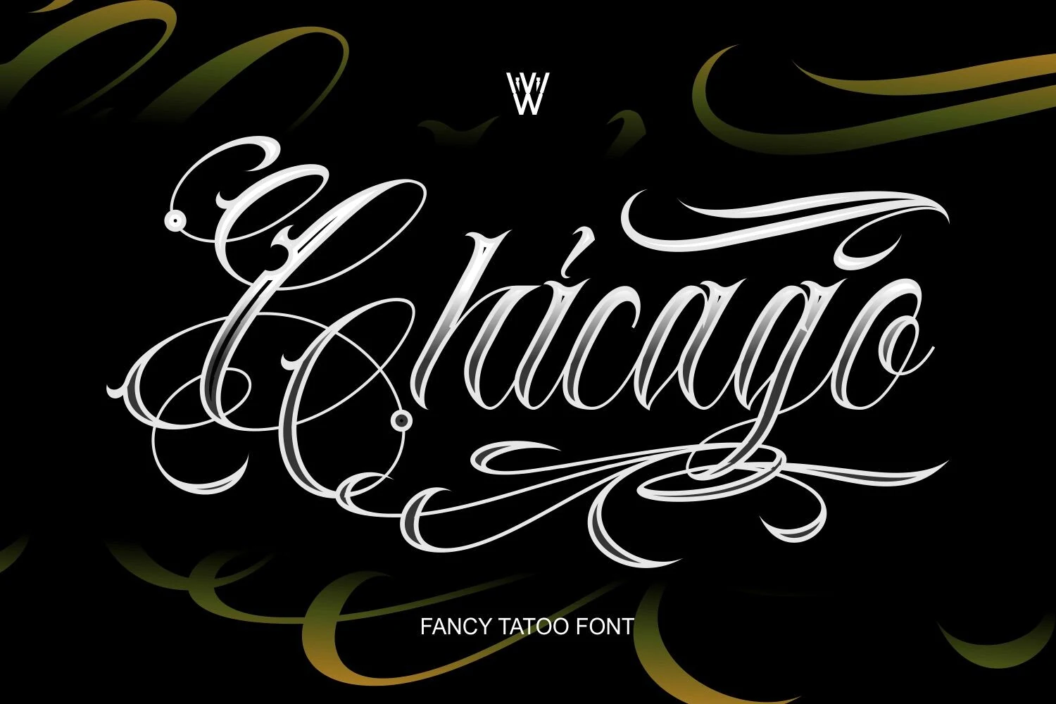 Chicago Font displayed in ornate, high-contrast calligraphic lettering with connected cursive forms and intricate decorative swashes.