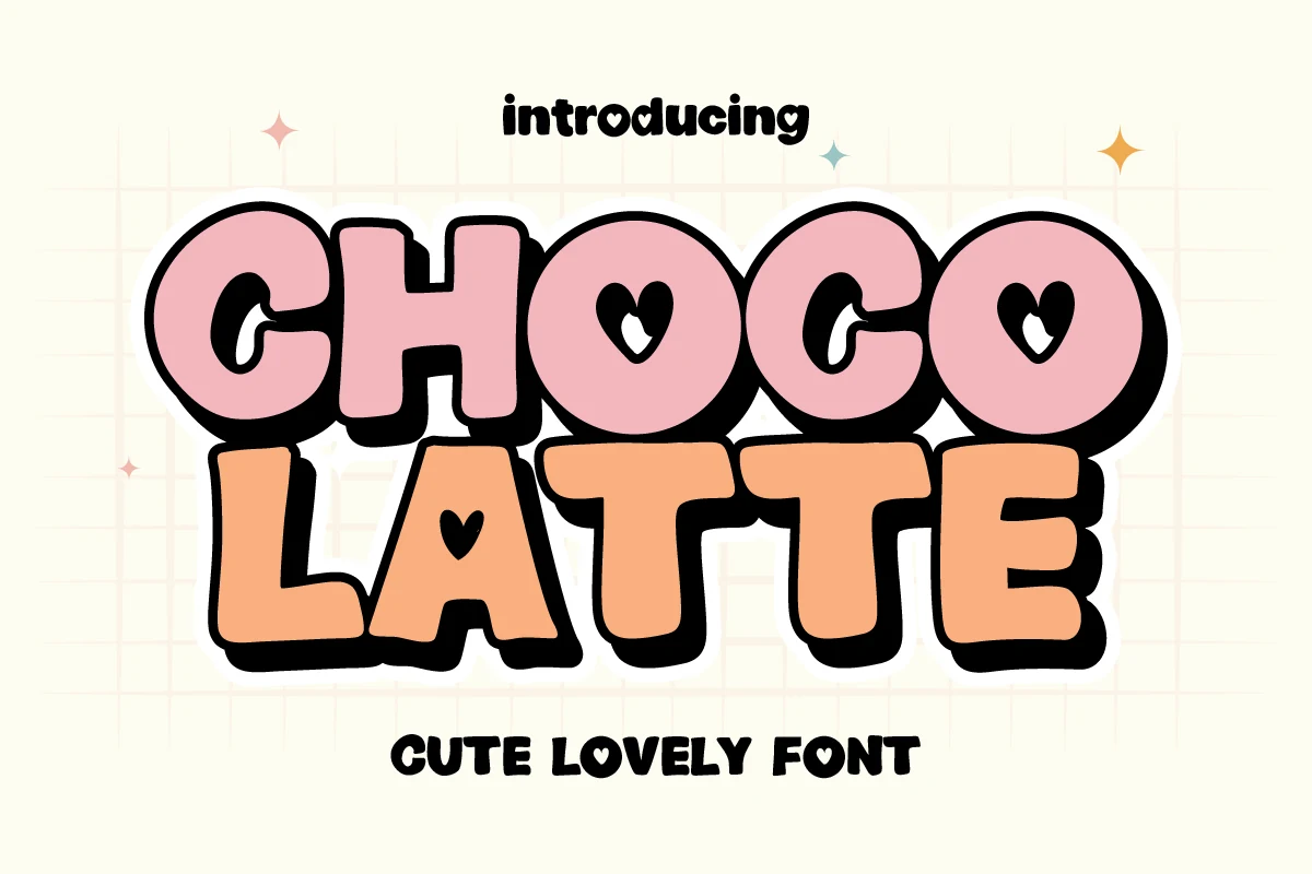 Choco Latte Font preview with bold rounded bubble letters, heart-shaped counters, and a white outline with drop shadow.