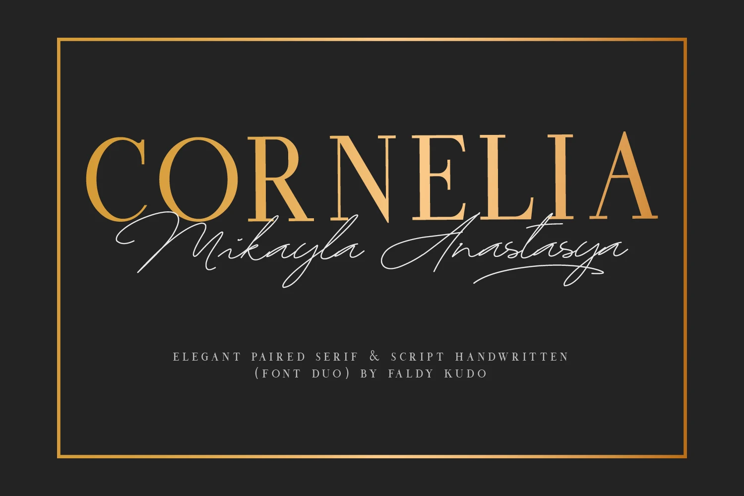 Cornelia Font Duo Font preview with gold serif lettering and a fine handwritten script overlay