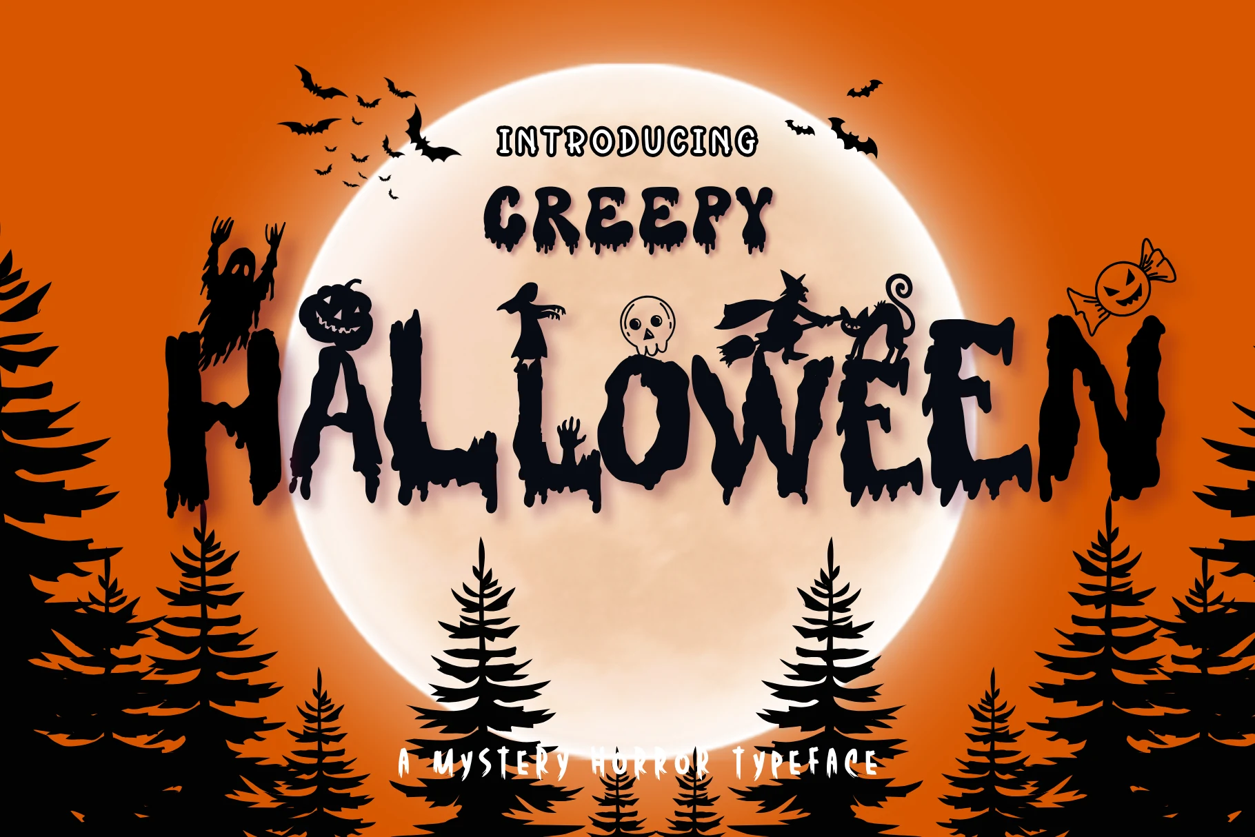Creepy Halloween Font features a heavy dripping display style with ragged outlines and integrated spooky silhouettes.