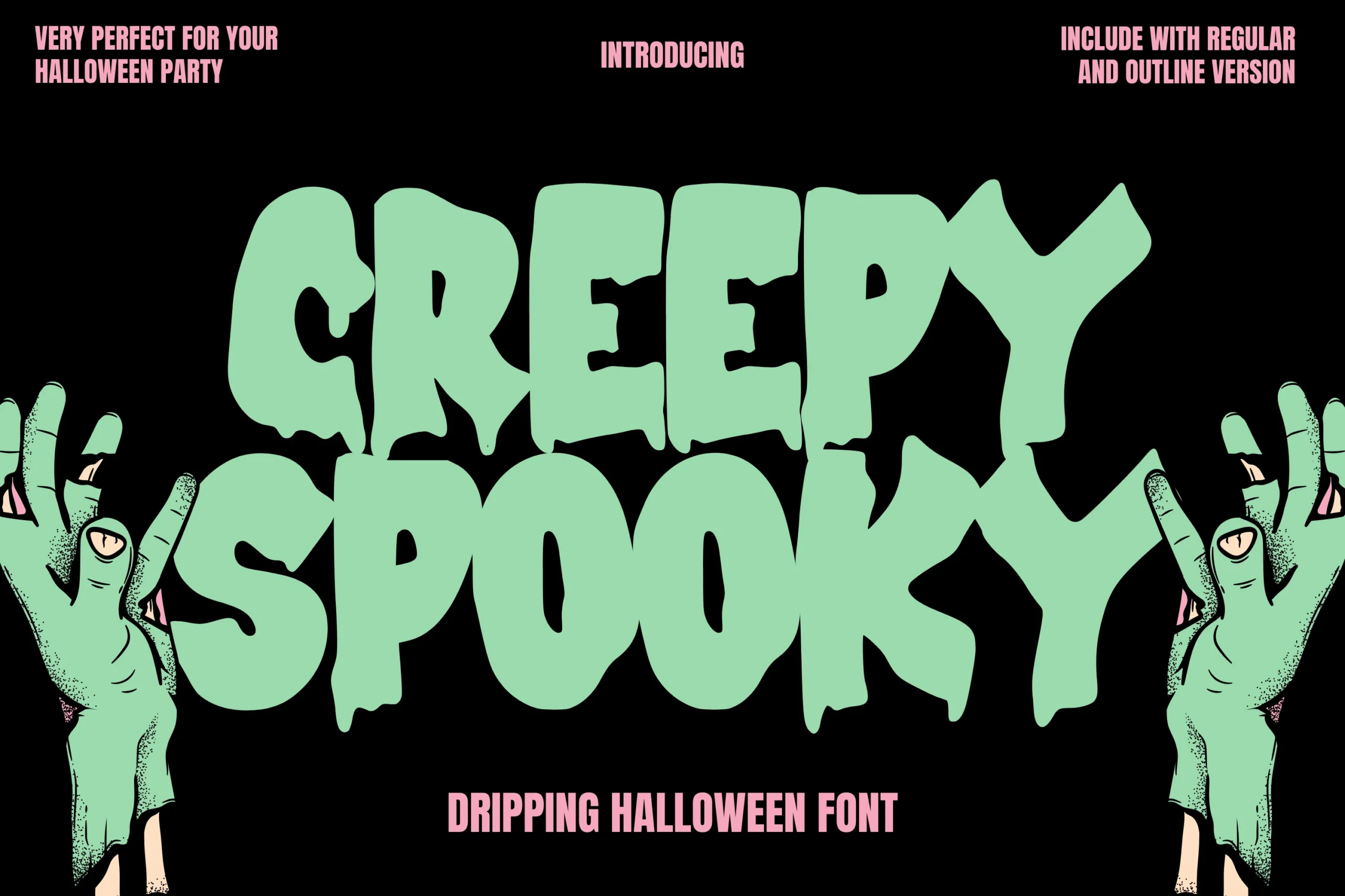 Creepy Spooky Font is a bold display typeface with wide rounded letters, irregular organic shapes, and dripping melting terminals.