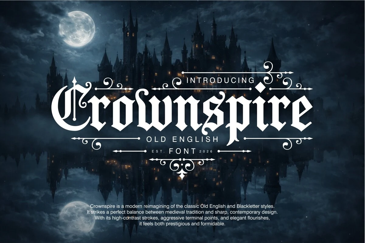 Crownspire Font featuring a decorative Blackletter display style with condensed vertical forms, sharp terminals, and ornamental flourishes.