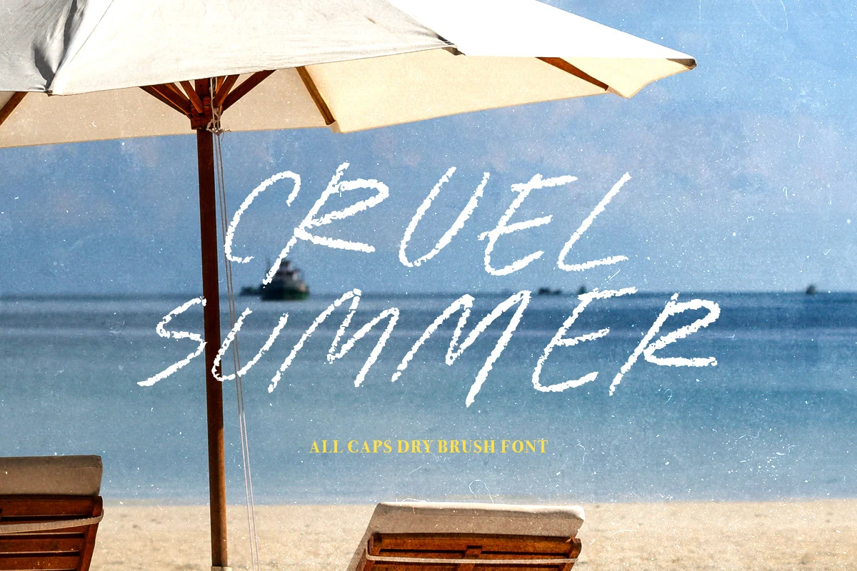 Cruel Summer Font preview in white all-caps dry brush lettering with rough chalky texture