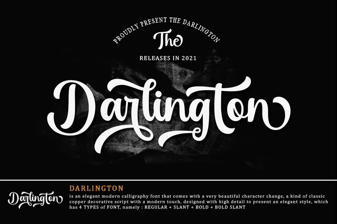Darlington Font features connected calligraphic letterforms, high stroke contrast, and elongated flourished strokes.