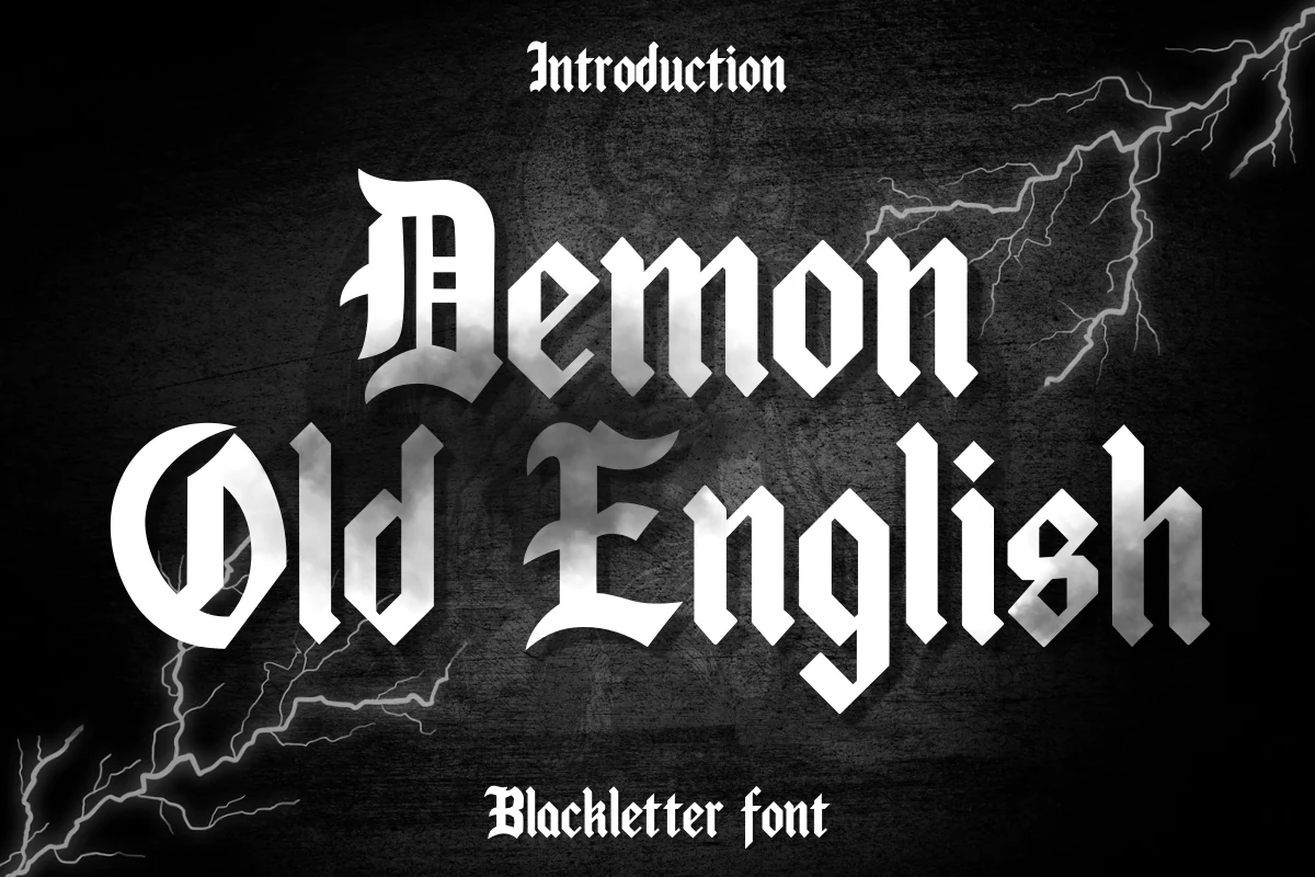 Demon Old English Font with heavy high-contrast strokes, sharp angular terminals, and condensed decorative letterforms.